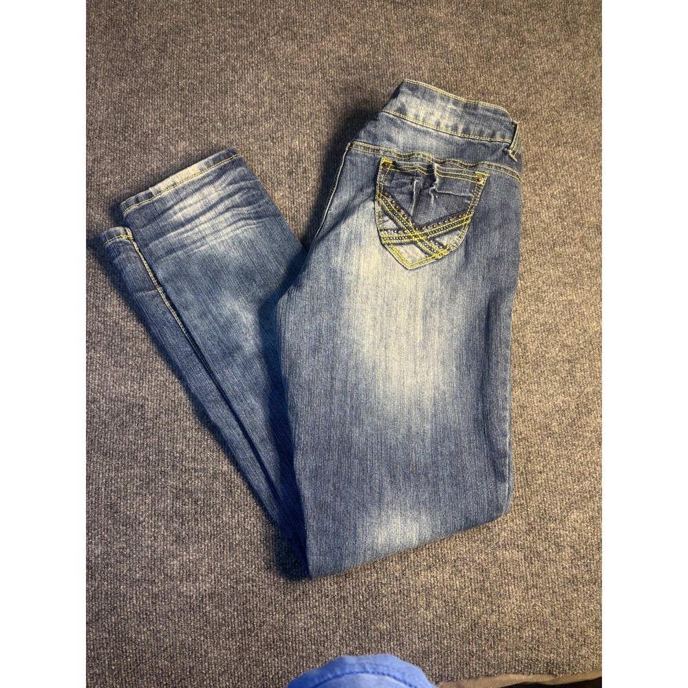 Southpole Straight Jeans Women 11 Blue Denim Wide Faded Distressed Double Stitch